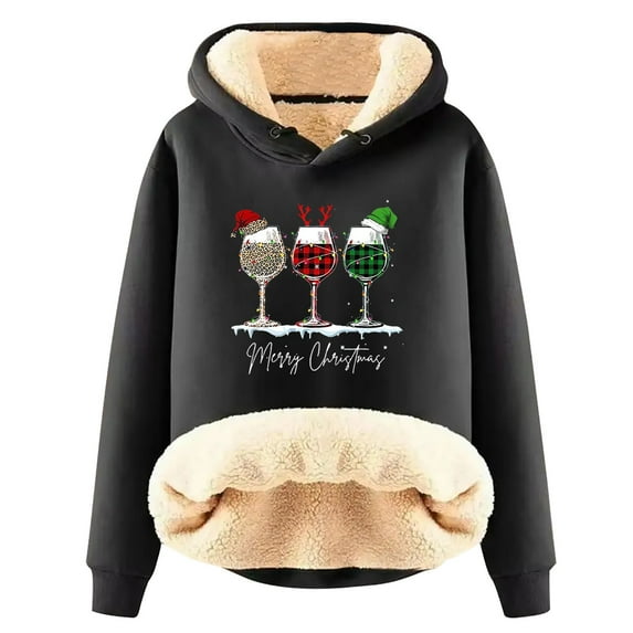 IROINNID Christmas Hoodie for Women Winter Warm Plush Hoodies Long Sleeve Print Thermal Hooded Sweatshirt Tops,Black