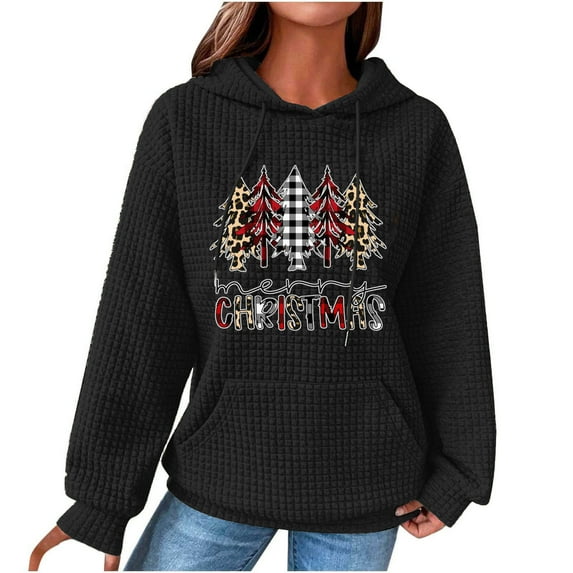 IROINNID Christmas Hoodies for Women Print Long Sleeve Waffle Pullover Winter Warm Sweatshirt Hoodies,Black
