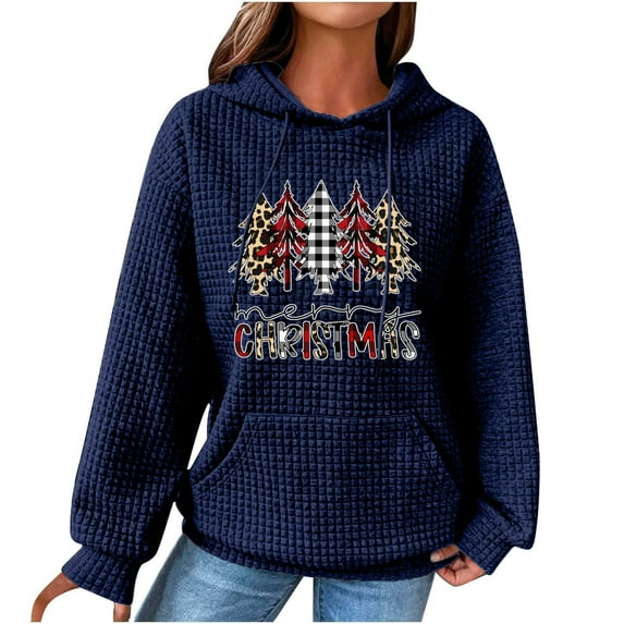 IROINNID Christmas Hoodies for Women Print Long Sleeve Waffle Pullover Winter Warm Sweatshirt Hoodies,Blue