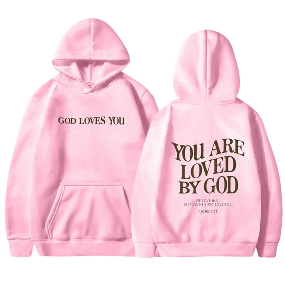 IROINNID Christmas Hoodies for Women You Are Loved By God Print Hooded Pullover Winter Thicken Fleece Tops with Pocket,Pink