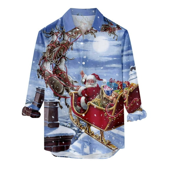 IROINNID Christmas Long Sleeve Shirt for Men Funny Santa Print Button Up Shirt Gift Xmas Vacation Shirt,Blue