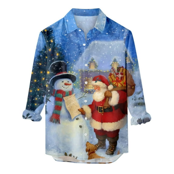 IROINNID Christmas Long Sleeve Shirt for Men Funny Santa Print Button Up Shirt Gift Xmas Vacation Shirt,Sky Blue