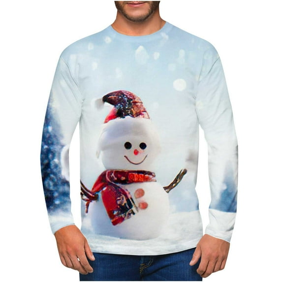 IROINNID Christmas Long Sleeve Shirt for Men Funny Xmas Print Crewneck Holiday Vacation Tops Gift for Men,Light Blue