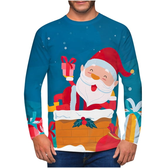 IROINNID Christmas Long Sleeve Shirt for Men Funny Xmas Print Crewneck Holiday Vacation Tops Mens Santa Shirt,Navy