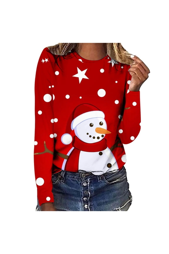 Christmas Long Sleeve Shirts for Women Crewneck Holiday Shirt Printed Casual Loose Fit Pullover Classic Tops,Red