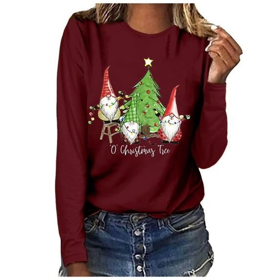 IROINNID Christmas Long Sleeve Shirts for Women Crewneck Loose Fit Pullover Holiday Casual Comfy Tops Warm Shirts,Red