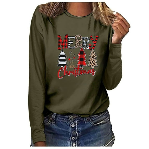IROINNID Christmas Long Sleeve Shirts for Women Crewneck Loose Fit Pullover Holiday Gift Comfy Tops Warm Shirts,Olive Green