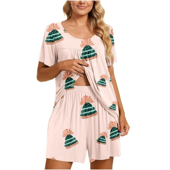 IROINNID Christmas Pajamas for Women Loose Fit Tunic Tops with Shorts Short Sleeve Two-Piece Sleepwear Holiday Pajamas Sets,Pink
