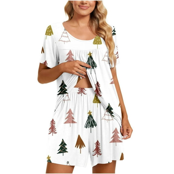 IROINNID Christmas Pajamas for Women Loose Fit Tunic Tops with Shorts Short Sleeve Two-Piece Sleepwear Holiday Pajamas Sets,White