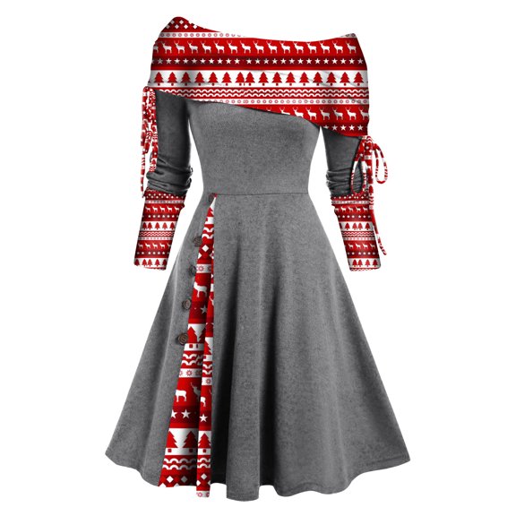 IROINNID Christmas Party Dresses for Women Off the Shoulder Xmas A-Line Dress Long Sleeve Flare Dress,Gray