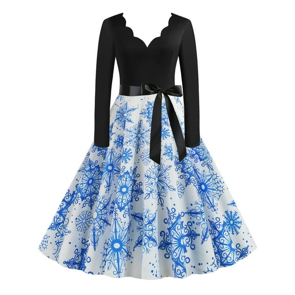 IROINNID Christmas Party Dresses for Women V-Neck Long Sleeve Cocktail Dress Funny Christmas Print Formal A-Line Dress,Light Blue