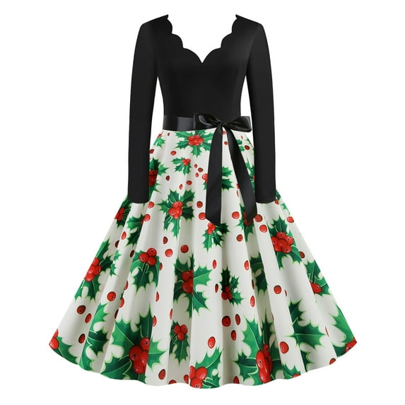 IROINNID Christmas Party Dresses for Women V-Neck Long Sleeve Cocktail Dress Funny Christmas Print Formal A-Line Dress,White