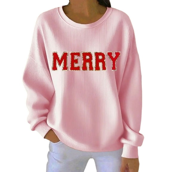 IROINNID Christmas Printed Womens Pullover Sweater Long Sleeve Round Neck Casual Comfortable Fashion Tops for Holiday Season Cozy Soft Daily Wear(Pink,M)
