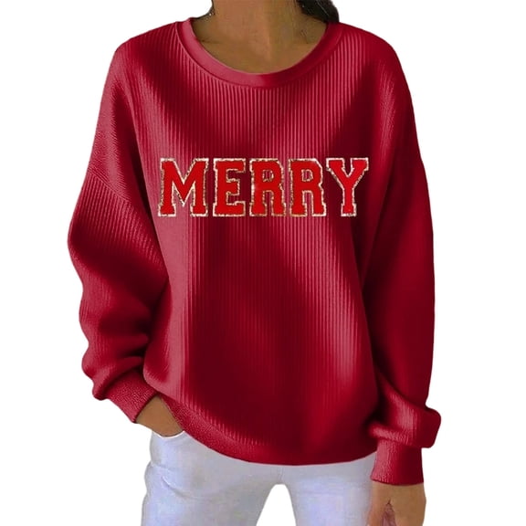 IROINNID Christmas Printed Womens Pullover Sweater Long Sleeve Round Neck Casual Comfortable Fashion Tops for Holiday Season Cozy Soft Daily Wear(Red,L)