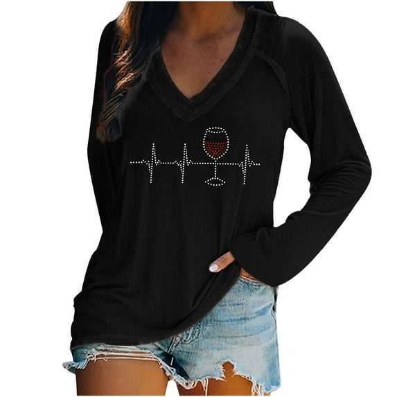 IROINNID Christmas Shirts for Women Causal V-Neck Printing Blouse Long Sleeve T-Shirt Autumn Tops,Black