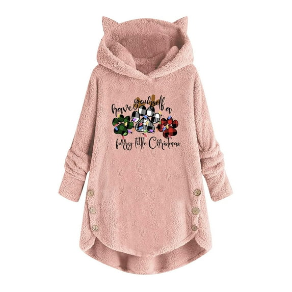 IROINNID Christmas Shirts for Women Christmas Plush Hooded Pullover Long Sleeve Thermal Winter Loose Fit Tops,Pink