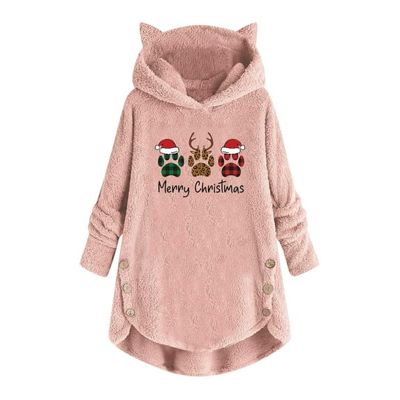 IROINNID Christmas Shirts for Women Christmas Plush Hooded Pullover Loose Fit Long Sleeve Winter Thermal Sweatshirts,Pink