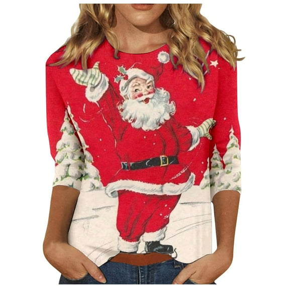 IROINNID Christmas Shirts for Women Christmas Print 3/4 Sleeve Crewneck Pullover Casual Holiday Blouse Loose Tops,Red