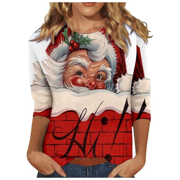 IROINNID Christmas Shirts for Women Christmas Print 3/4 Sleeve Crewneck Pullover Casual Holiday Blouse Loose Tops,Red