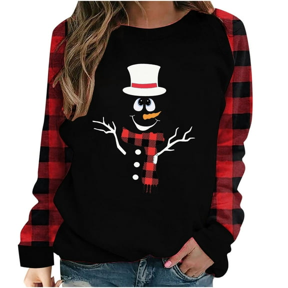 IROINNID Christmas Shirts for Women Classic Crewneck Plaid Pullover New Year Print Long Sleeve Blouse Tops,Black