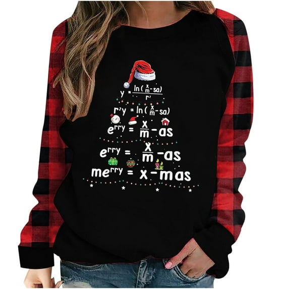IROINNID Christmas Shirts for Women Classic Crewneck Plaid Pullover New Year Print Long Sleeve Blouse Tops,Black