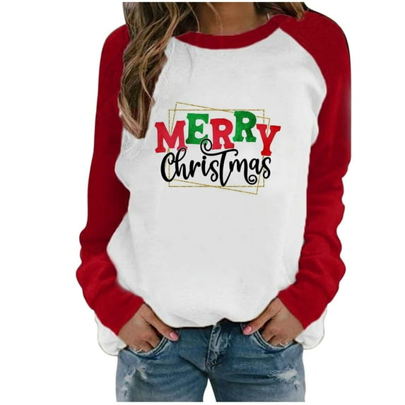 IROINNID Christmas Shirts for Women Crewneck Raglan Color Christmas Printed Long Sleeve Top,Red