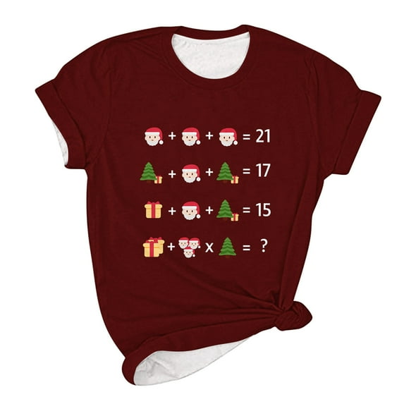 IROINNID Christmas Shirts for Women Crewneck Short Sleeve Pullover Casual Holiday Loose T-Shirt Print Shirt,Burgundy