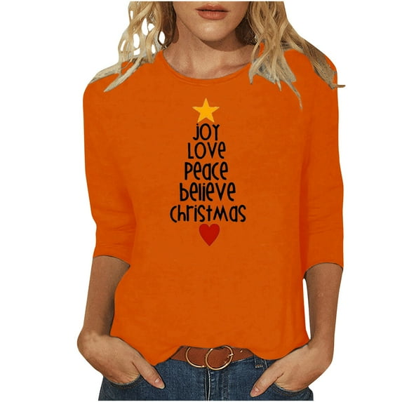 IROINNID Christmas Shirts for Women Letter Print 3/4 Sleeve Crewneck Pullover Tops Loose Fit Casual Holiday Shirts,Orange