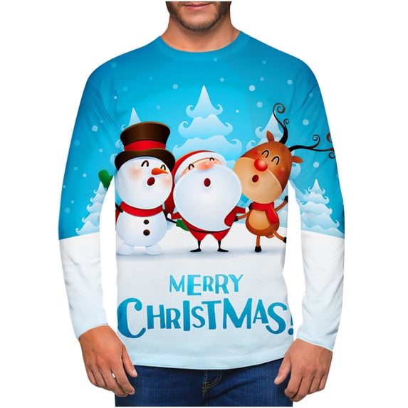 IROINNID Christmas Sweater for Men Round Neck Pullover 3D Snow Printed Realistic Print Tops,Sky Blue