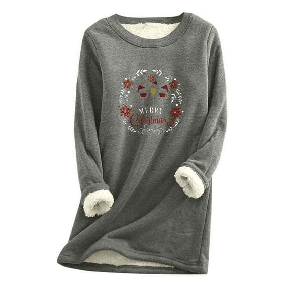 IROINNID Christmas Sweatshirt for Women Christmas Printing Warm Pullover Thickened Plush Crewneck Tops Long Sleeve Pullover,Dark Gray