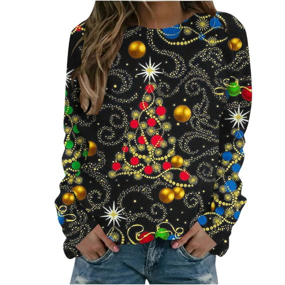 IROINNID Christmas Sweatshirts for Women Crewneck Long Sleeve Pullover Christmas Print Casual Top Loose Sweatshirt,Black