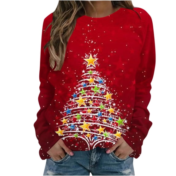 IROINNID Christmas Sweatshirts for Women Crewneck Long Sleeve Pullover Christmas Print Casual Top Loose Sweatshirt,Red