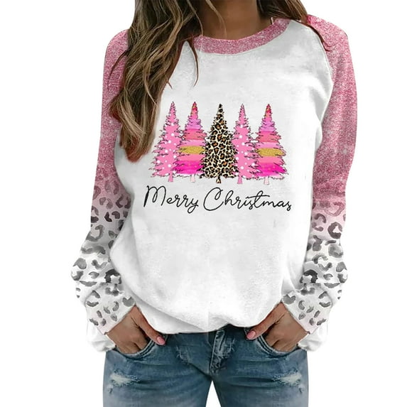 IROINNID Christmas Sweatshirts for Women Crewneck Long Sleeve Shirt Printed Loose Fit Blouse Holiday Casual Tops Pullover,Pink