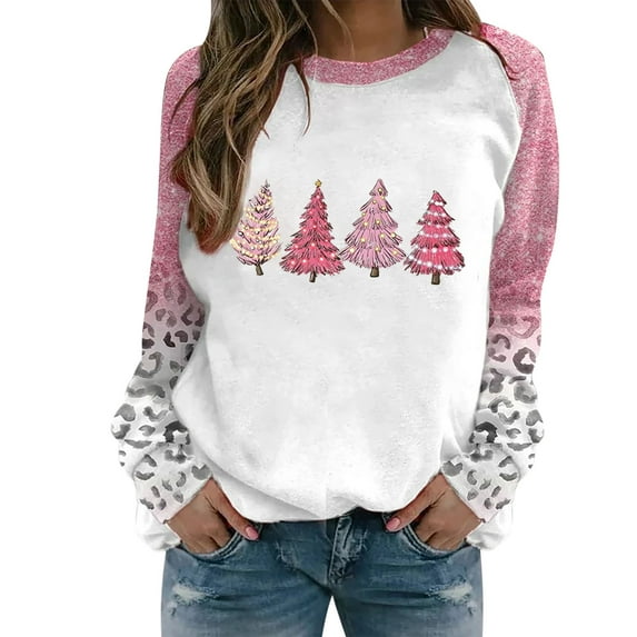 IROINNID Christmas Sweatshirts for Women Crewneck Long Sleeve Shirt Printed Loose Fit Blouse Holiday Casual Tops Pullover,Pink