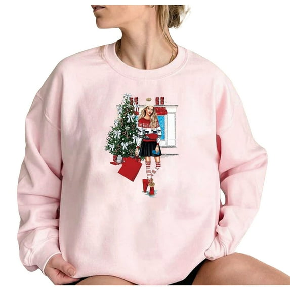 IROINNID Christmas Sweatshirts for Women Crewneck Pink Pullover Long Sleeve Casual Pullover Loose Sweatshirt,Pink
