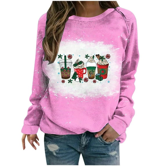 IROINNID Christmas Sweatshirts for Women Long Sleeve Crewneck Loose Shirts Blouse Christmas Print Sweatshirt,Pink
