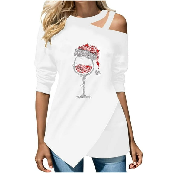 IROINNID Christmas Sweatshirts for Women One-shoulder Sexy Holiday Shirts Printed Women's Long Sleeve Casual Trendy Tops,White