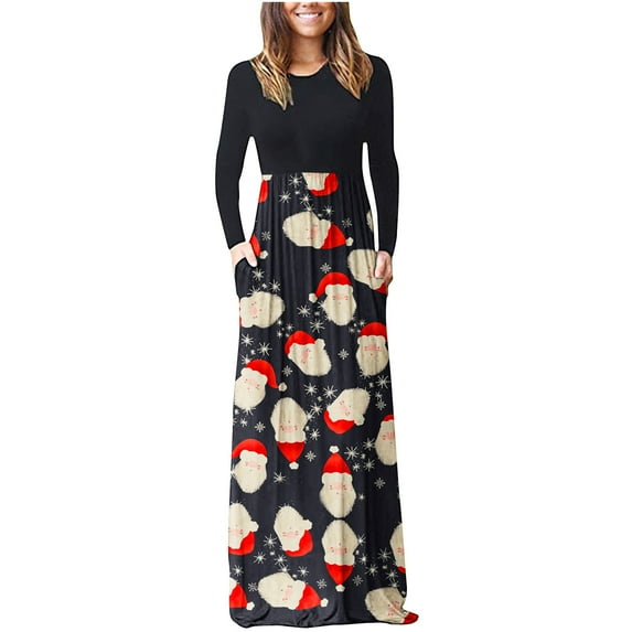 IROINNID Christmas T-Shirt Dresses for Women with Pockets Crewneck Long Sleeve Xmas Party Funny Print Long Dress,Black