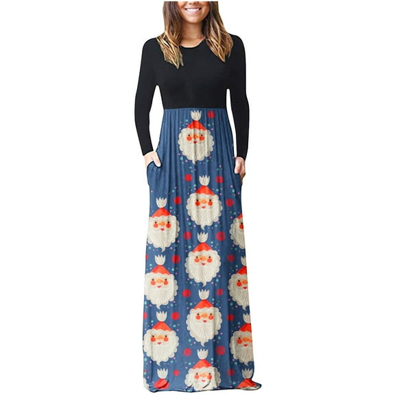 IROINNID Christmas T-Shirt Dresses for Women with Pockets Crewneck Long Sleeve Xmas Party Funny Print Long Dress,Blue