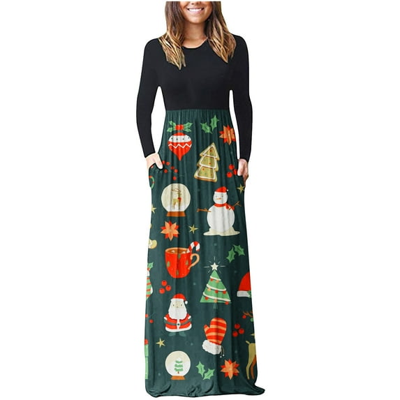 IROINNID Christmas T-Shirt Dresses for Women with Pockets Crewneck Long Sleeve Xmas Party Funny Print Long Dress,Green