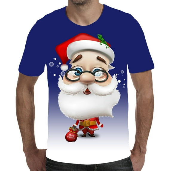 IROINNID Christmas T-shirt for Men Funny Santa Print Shirt Short Sleeve Crewneck Xmas Gift Tops,Blue
