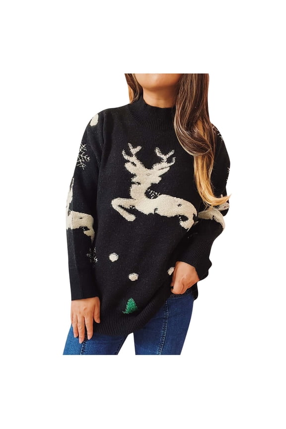 Christmas Ugly Sweater for Women Funny Reindeer Print Holiday Pullover Long Sleeve Warm Keep Xmas Sweater,Black