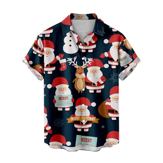 IROINNID Christmas Ugly T-Shirt for Men Funny Print Hawaiian Tops Xmas Vacation Holiday Gift Button Up Green Shirt,Navy