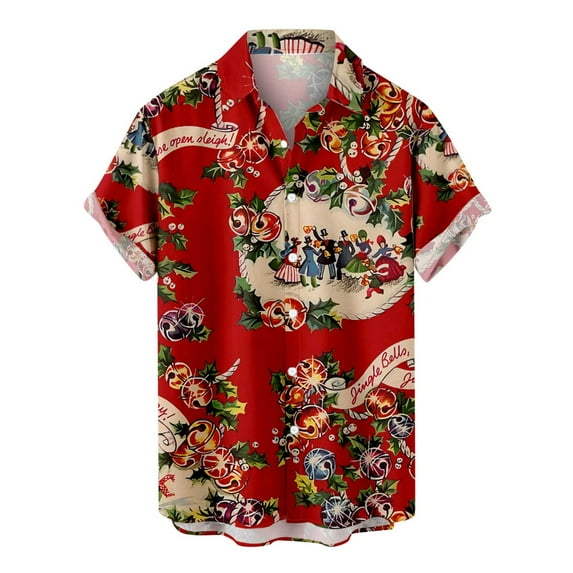 IROINNID Christmas Vacation T-shirt for Men Funny Print Button Up Red Shirt Hawaiian Xmas Vacation Gift Tops,Red