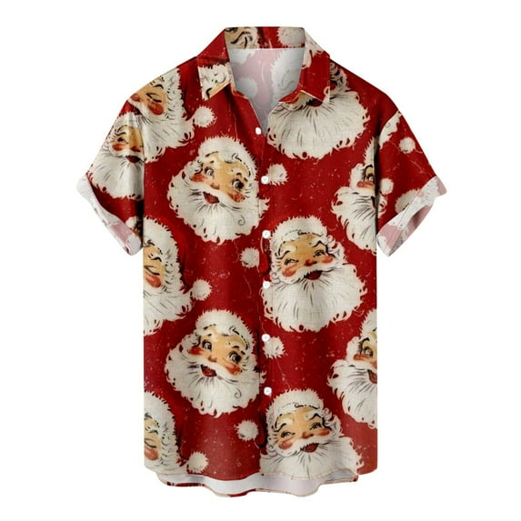 IROINNID Christmas Vacation T-shirt for Men Funny Santa Print Button Up Red Shirt Hawaiian Xmas Gift Tops for Boyfriend,Red