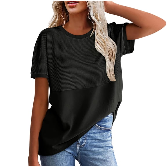 IROINNID Classic Women's Round Neck Short Sleeve Tops Solid Color Spring Summer Casual Blouse,Basic Loose Fits T-Shirt Style for Daily Wear (Black#1,)