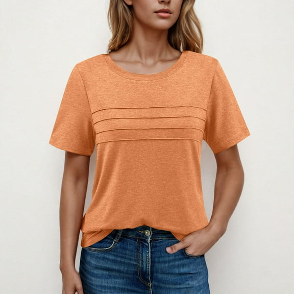 IROINNID Classic Women's Round Neck Short Sleeve Tops Solid Color Spring Summer Casual Blouse,Basic Loose Fits T-Shirt Style for Daily Wear (Orange#2,)