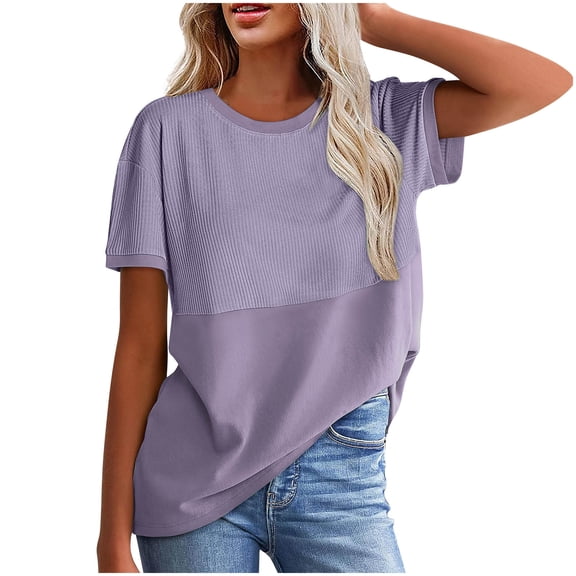 IROINNID Classic Women's Round Neck Short Sleeve Tops Solid Color Spring Summer Casual Blouse,Basic Loose Fits T-Shirt Style for Daily Wear (Purple#1,)
