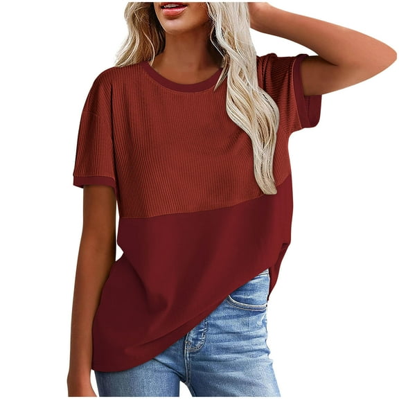 IROINNID Classic Women's Round Neck Short Sleeve Tops Solid Color Spring Summer Casual Blouse,Basic Loose Fits T-Shirt Style for Daily Wear (Red#1,)