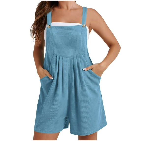 IROINNID Spring Summer Overalls for Women's Loose Fit Adjustable Straps Bib Jumpsuits Square Neck Wide Leg Solid Color Overalls with Pockets(Light Blue,L)